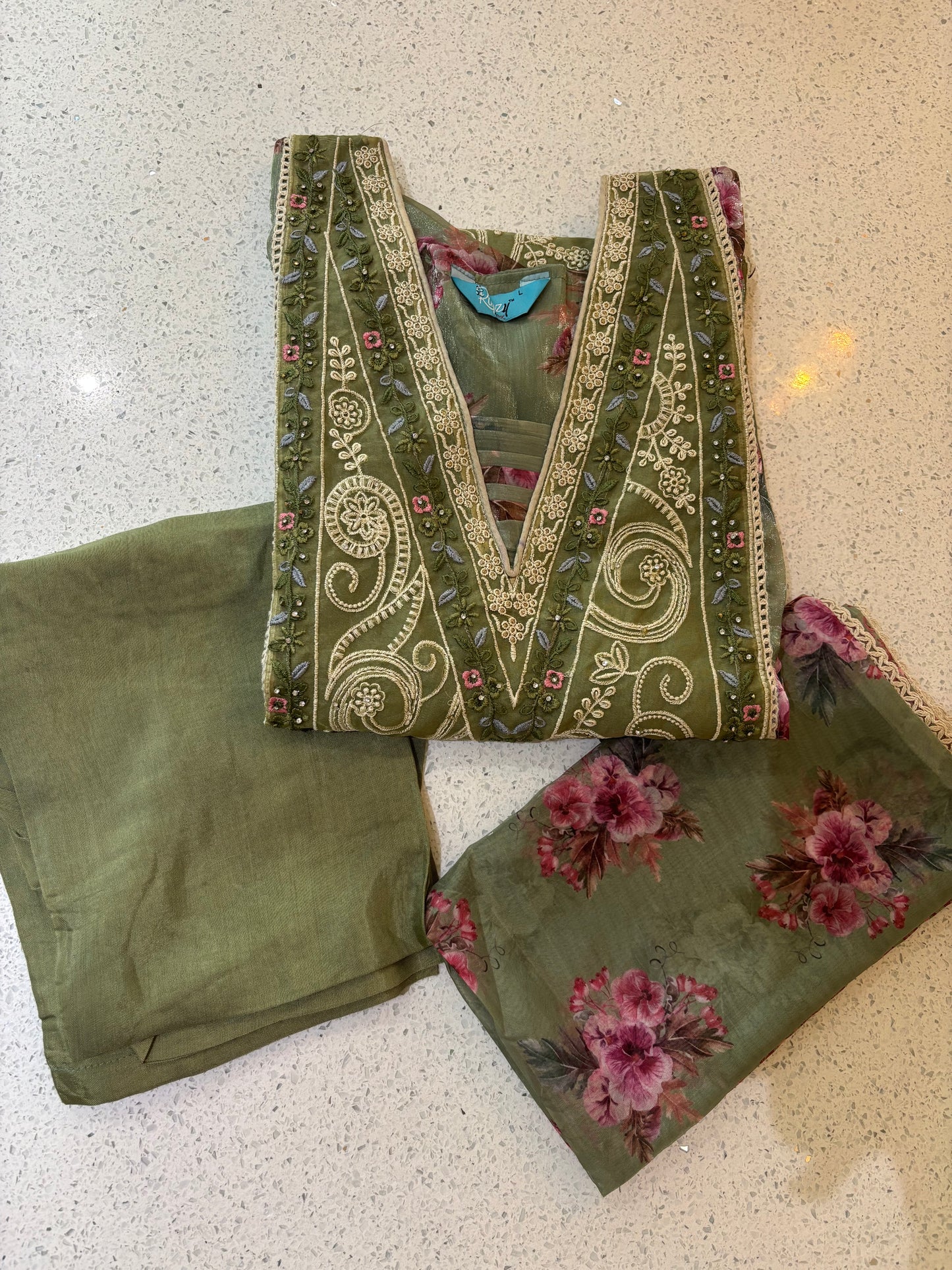 Olive Bloom Floral Chiffon Suit Set