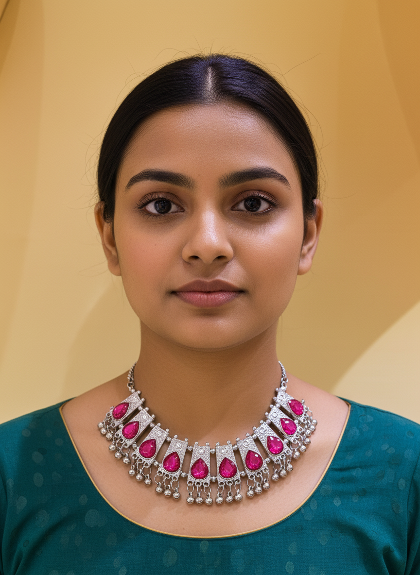 Silver and pink kundan necklace