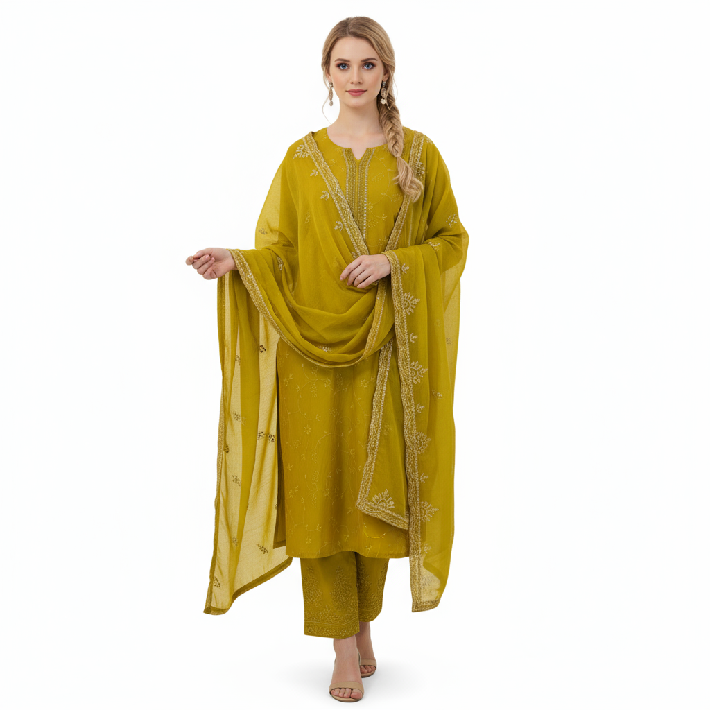 mustard embroidered kurta suit