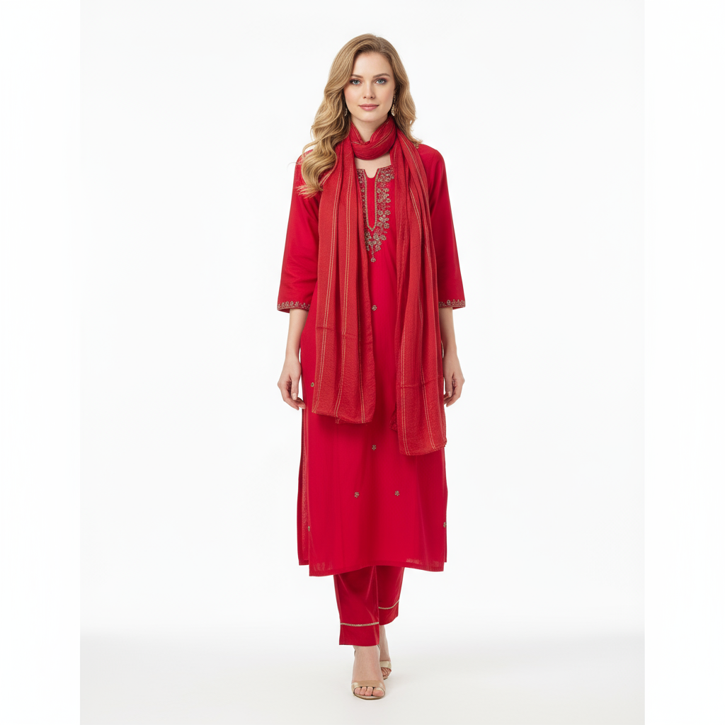 Crimson Threadwork Cotton Suit