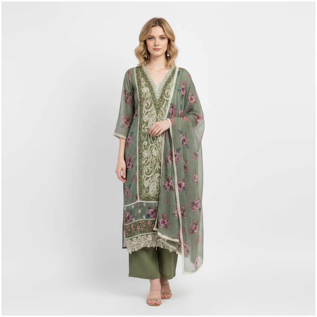 Olive Bloom Floral Chiffon Suit Set